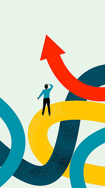 istock Digital poster. Businessman on tangled colorful paths searching direction upward 2244327036