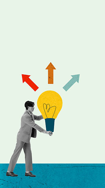 istock Creative collage. Man holding bright idea bulb with arrows showing direction of creativity 2244327037