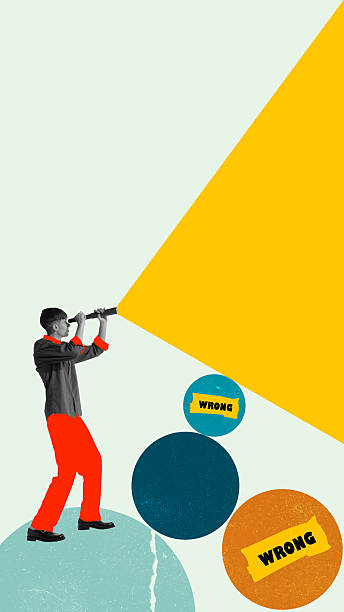 istock Surreal collage art. Man looking through telescope seeking right direction and opportunity 2244327044