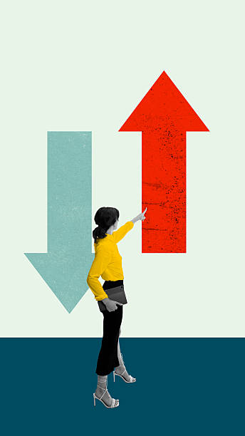 istock Creative artwork. Woman pointing upward red arrow symbolizing positive direction and growth 2244327054