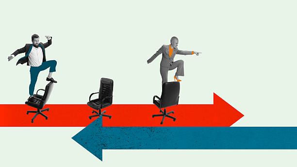 istock Creative digital artwork. Business people balancing on chairs over arrows 2244327056