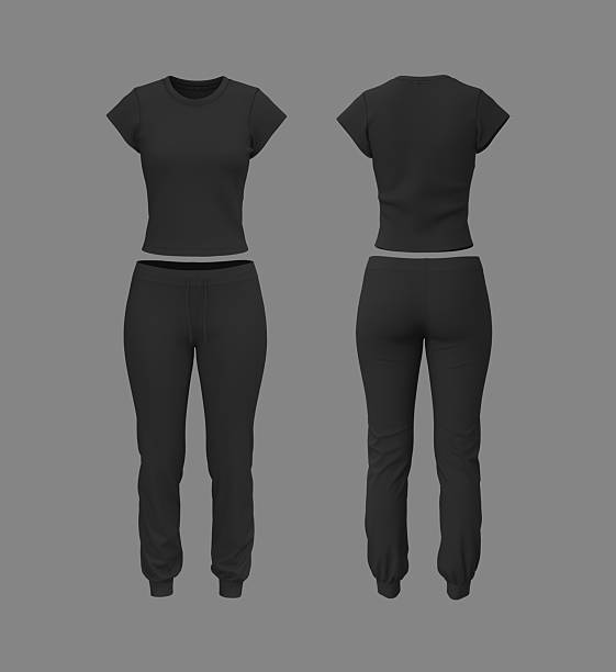istock Realistic 3D mockup of women’s short sleeve training top and jogger sweatpants set. Front and back view athletic apparel template 2244327837