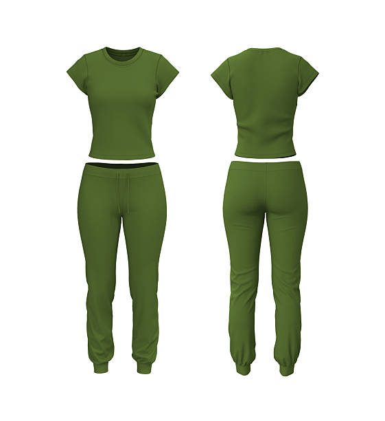 istock Realistic 3D mockup of women’s short sleeve training top and jogger sweatpants set. Front and back view athletic apparel template 2244327882