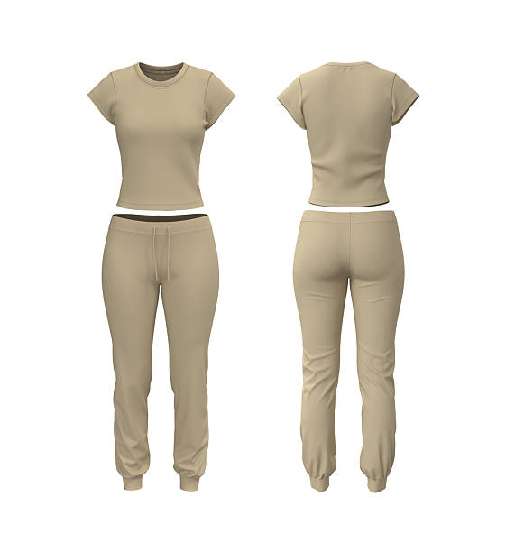istock Realistic 3D mockup of women’s short sleeve training top and jogger sweatpants set. Front and back view athletic apparel template 2244327885