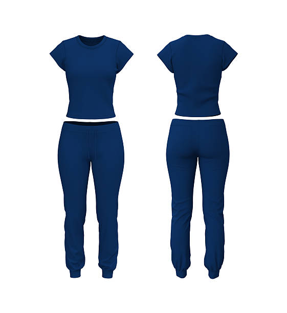 istock Realistic 3D mockup of women’s short sleeve training top and jogger sweatpants set. Front and back view athletic apparel template 2244327894