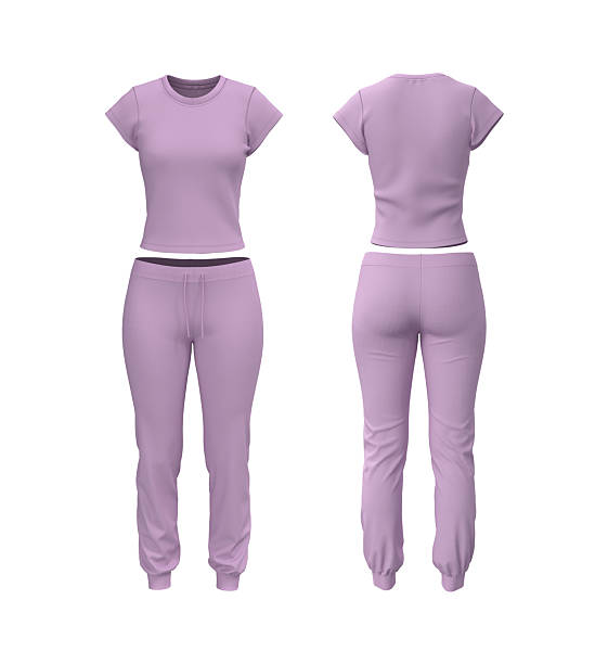 istock Realistic 3D mockup of women’s short sleeve training top and jogger sweatpants set. Front and back view athletic apparel template 2244327903