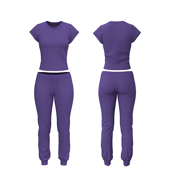 istock Realistic 3D mockup of women’s short sleeve training top and jogger sweatpants set. Front and back view athletic apparel template 2244327937