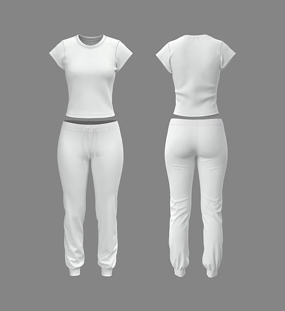 istock Realistic 3D mockup of women’s short sleeve training top and jogger sweatpants set. Front and back view athletic apparel template 2244327951