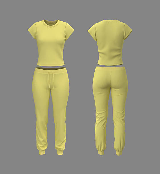istock Realistic 3D mockup of women’s short sleeve training top and jogger sweatpants set. Front and back view athletic apparel template 2244327961