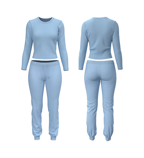 istock Realistic 3D mockup of women’s long sleeve training top and jogger sweatpants set. Front and back view athletic apparel template 2244327965