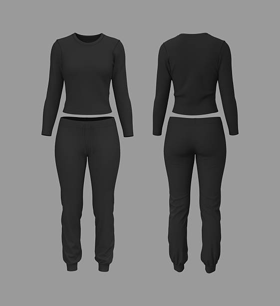 istock Realistic 3D mockup of women’s long sleeve training top and jogger sweatpants set. Front and back view athletic apparel template 2244327991