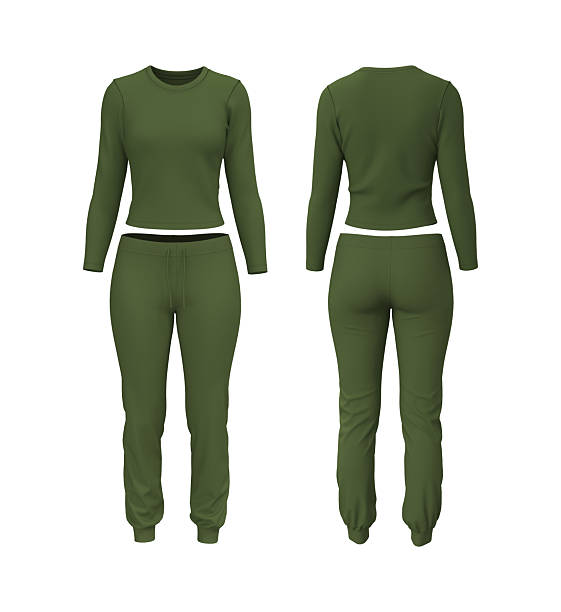 istock Realistic 3D mockup of women’s long sleeve training top and jogger sweatpants set. Front and back view athletic apparel template 2244328007