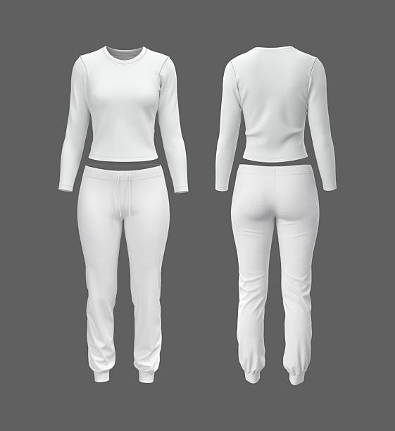 istock Realistic 3D mockup of women’s long sleeve training top and jogger sweatpants set. Front and back view athletic apparel template 2244328108