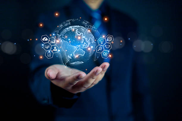 istock Businessman holding digital globe with virtual icons, representing global business network, data analytics, and technology innovation for worldwide connection and digital transformation concept. 2244333598