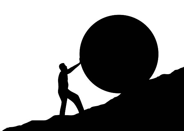 istock Silhouette of a Strong Man Pushing Boulder up the Hill Isolated 2244333605