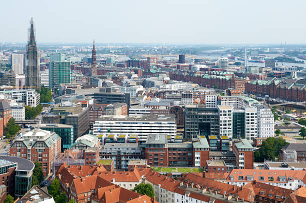 HAMBURG, GERMANY - AUGUST 14, 2015: Aerial view on Hamburg from St. Michael's Church, is the second largest city in Germany