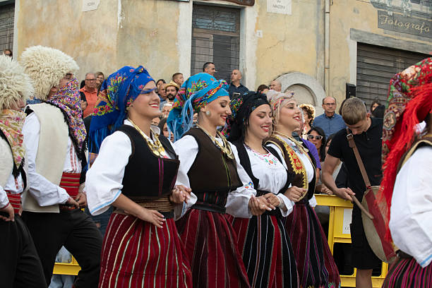 Italy, Sardinia, Nuoro, Fonni - August 2, 2025 - Identitades. 13th International Festival of Folk Groups, Costumes, Music, and Traditions.   PKB Corporation Ensemble. Serbia.