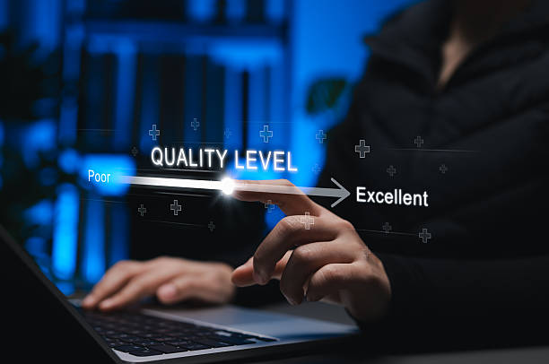 istock Quality level improvement concept. Person adjusting digital slider from poor to excellent, representing performance optimization, product evaluation, high business standards, quality increase, 2244344219