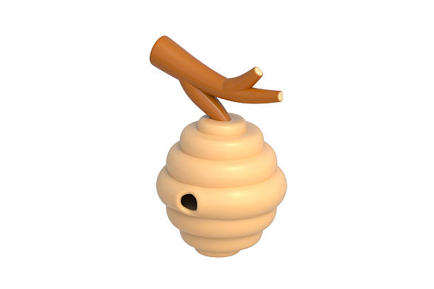 Single hive for bee on brunch isolated on white background. Wild beehive. Toy for child. 3d render