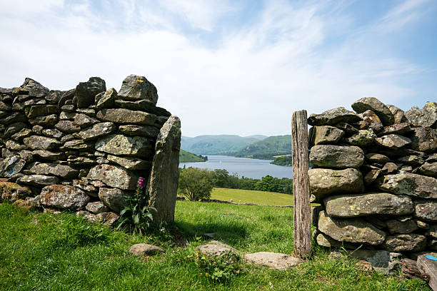 View of the lake between gateposts on a sunny day