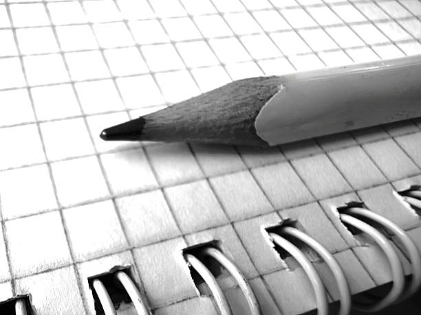 pencil on a notebook, black and white photo, simple pencil, notebook, taking notes, blank notebook, pencil on a sheet, writing with a pencil, lack of ideas, desire to create, inspiration, white sheet, checkered sheet, checkered notebook