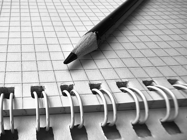 pencil on a notebook, black and white photo, simple pencil, notebook, taking notes, blank notebook, pencil on a sheet, writing with a pencil, lack of ideas, desire to create, inspiration, white sheet, checkered sheet, checkered notebook