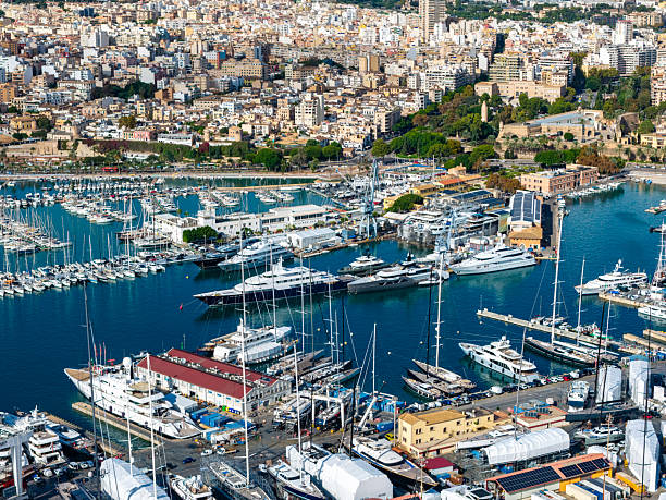 Aerial View of Palma de Mallorca Cityscape and Luxury Yacht Harbor with Cruises & Ferries