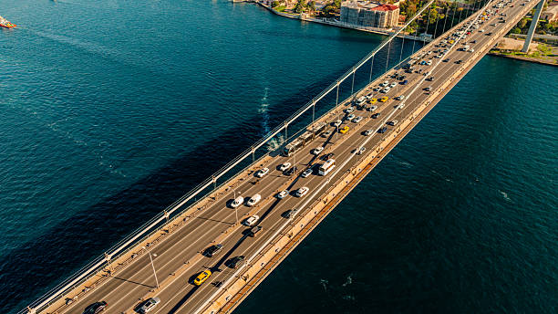 istock Istanbul Bosphorus Bridge(July 15 Martyrs Bridge). Aerial view of the Bosphorus Bridge with drone on a cloudy day. Unique view of Istanbul. Turkiye. 2244350921
