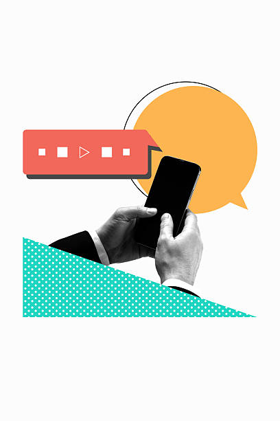 istock Sketch banner photo collage of human hand hold smartphone modern device receive bubble communication chatterbox messenger 2244354331