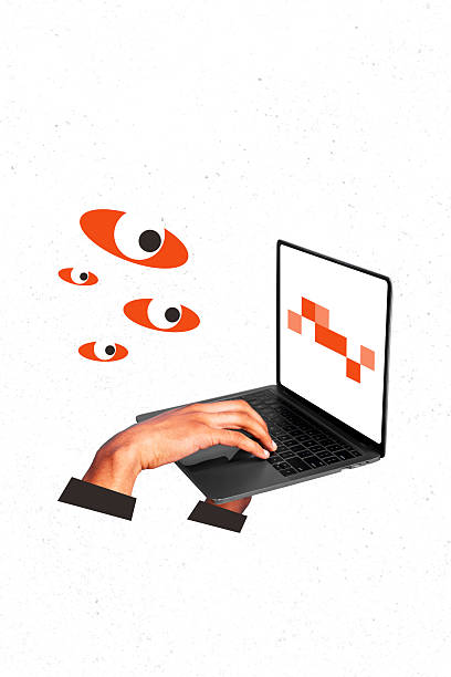 istock Banner trendy poster image collage of human hand type laptop eyeball stare coding app hacking concept antivirus protection 2244354789