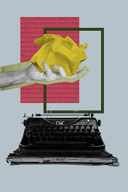 istock Vertical image artwork pop trend collage of human hand hold crumpled paper retro typewriter machine novelist story-telling 2244355417