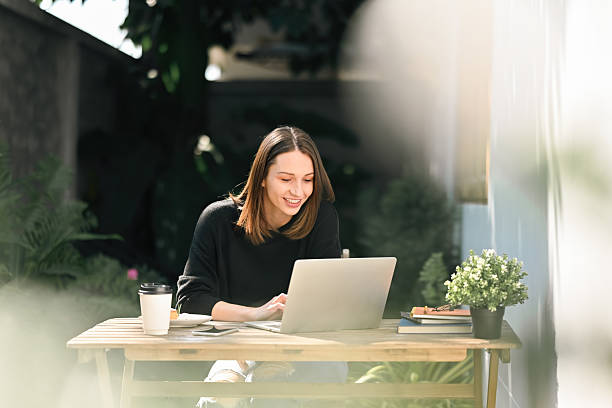 istock A Caucasian female freelancer working on her laptop while enjoying a coffee in a garden, perfect concept for online business or e-learning 2244356513