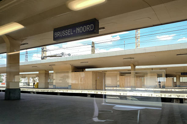 Brussels, Belgium - July 05, 2019 - Brussel-noord railway station platform on a clear day.