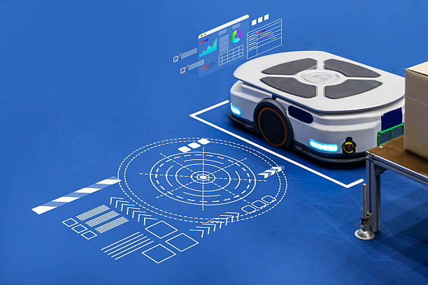 istock Digital mechanism system for moving packaging robots, robots for transporting goods to warehouses 2244361104