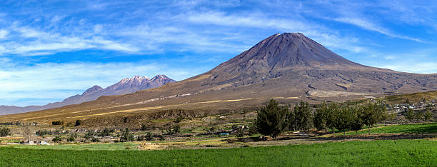 Arequipa, Peru, November 5, 2021: Panoramic view of the Peruvian Andes near the town of Arequipa. On the right is the Misti volcano on a sunny day.