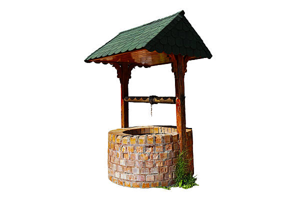 A wooden water well is on a white background