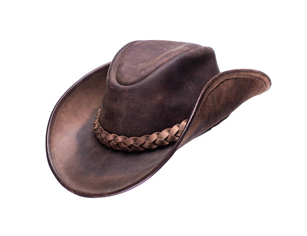 istock Old brown leather cowboy hat isolated on white background 2244376563