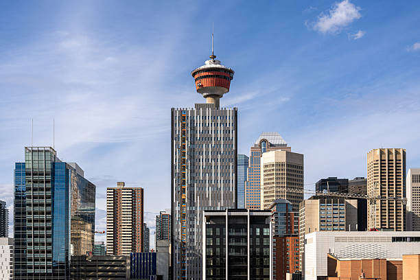 Calgary Tower with popular landmarks and apartment buildings downtown skyline.