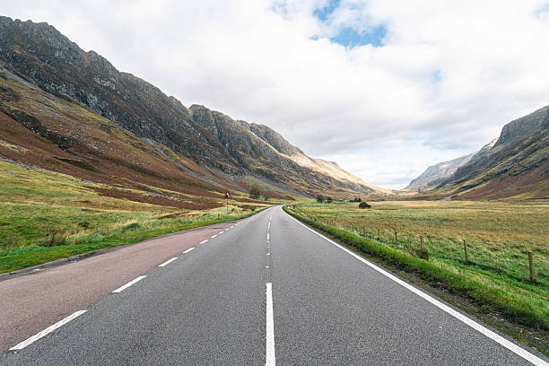 Empty road extending through the vast, rugged landscape of glencoe, scotland