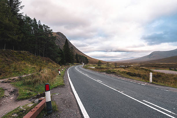 Road winding through the glencoe valley under a cloudy sky