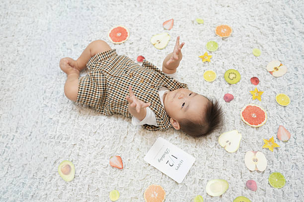 A baby laying on a white carpet with a card that says 