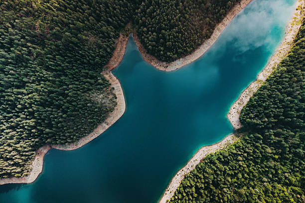 istock Turquoise lake winding through lush green conifer forests, reflecting warm sunlight from an aerial perspective 2244392886