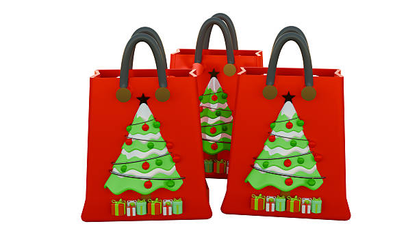 Red Christmas shopping bags with festive tree decorations and gift boxes. 3D render for holiday sales, celebration, and winter shopping season visuals.