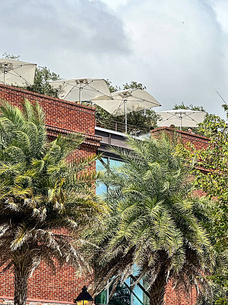 Rooftop dining area on top of brick building