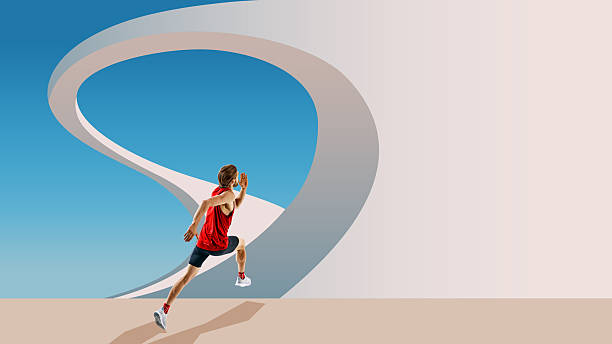 Contemporary collage. Male sprinter running with power on surreal curved track background
