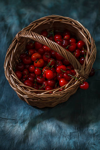istock A Basket Filled with Fresh Red Cherries on a Blue Background 2244400019