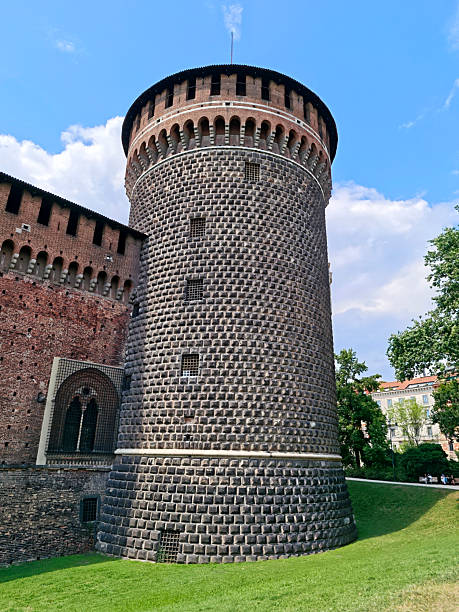 Turret at the Sforza Castle (Castello Sforzesco) a medieval fortification located in Milan, northern Italy. It was built in the 15th century by Francesco Sforza, Duke of Milan, on the remnants of a 14th-century fortification. It now houses several of the city's museums and art collections.