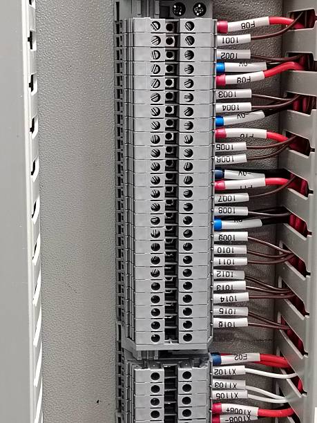 istock Closeup image of a stack of labeled electrical terminal blocks. 2244407447