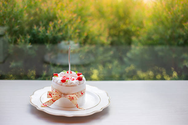 Close up of delicious Birthday cake with candle on top of it. Copy space.