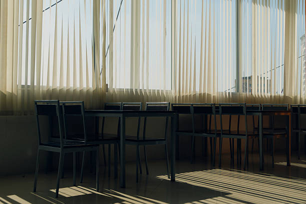 Building interior Light shines from the outside through the window curtain.